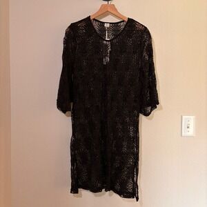 VLD Swim Cover Up Dress Medium Crochet Lace Knit Black Boho Festival Resortwear